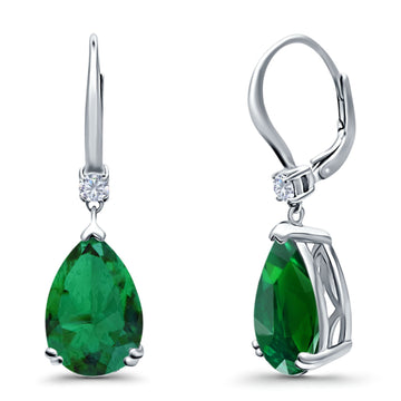 Pear Shape Dangling Leverback Earrings Wedding Simulated Green Emerald CZ 925 Sterling Silver (22mm)